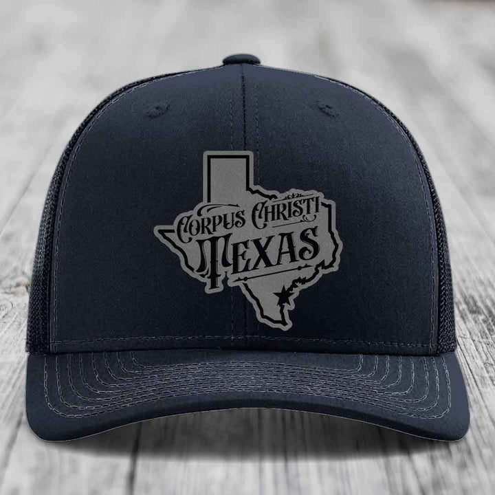 Corpus Christi Texas (Deluxe) - Leather Patch Hat - Grey to Black Patch - Richardson 112 Snapback Trucker Hat