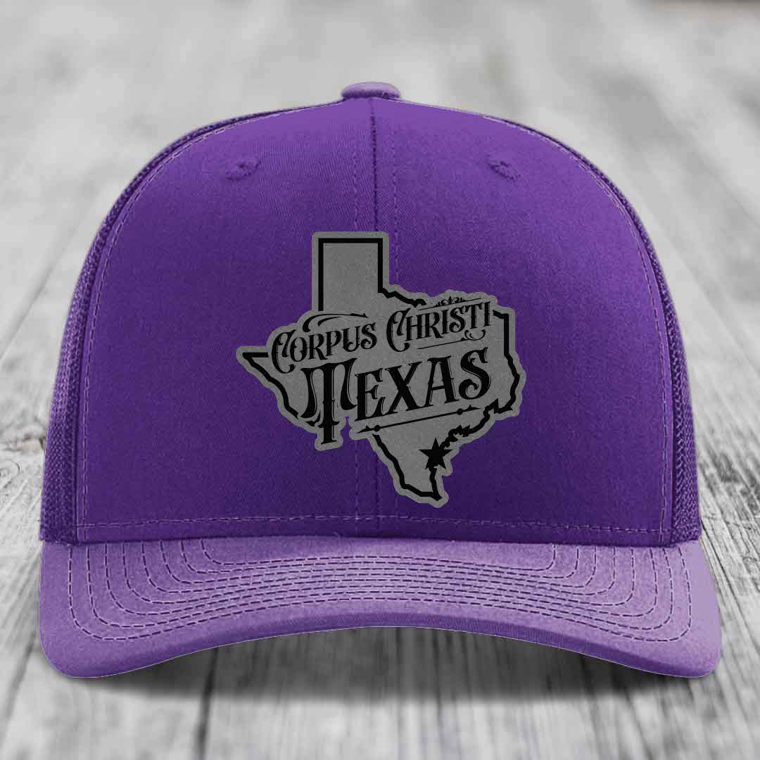 Corpus Christi Texas (Deluxe) - Leather Patch Hat - Grey to Black Patch - Richardson 112 Snapback Trucker Hat