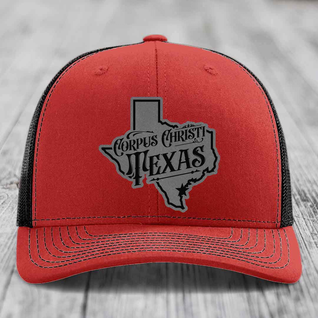 Corpus Christi Texas (Deluxe) - Leather Patch Hat - Grey to Black Patch - Richardson 112 Snapback Trucker Hat