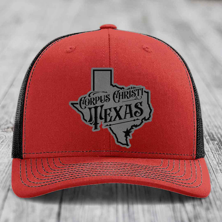 Corpus Christi Texas (Deluxe) - Leather Patch Hat - Grey to Black Patch - Richardson 112 Snapback Trucker Hat