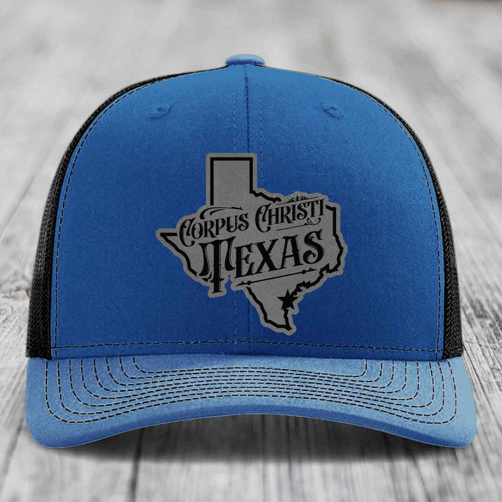 Corpus Christi Texas (Deluxe) - Leather Patch Hat - Grey to Black Patch - Richardson 112 Snapback Trucker Hat