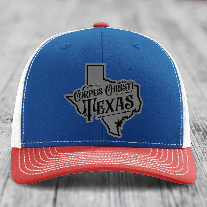 Corpus Christi Texas (Deluxe) - Leather Patch Hat - Grey to Black Patch - Richardson 112 Snapback Trucker Hat