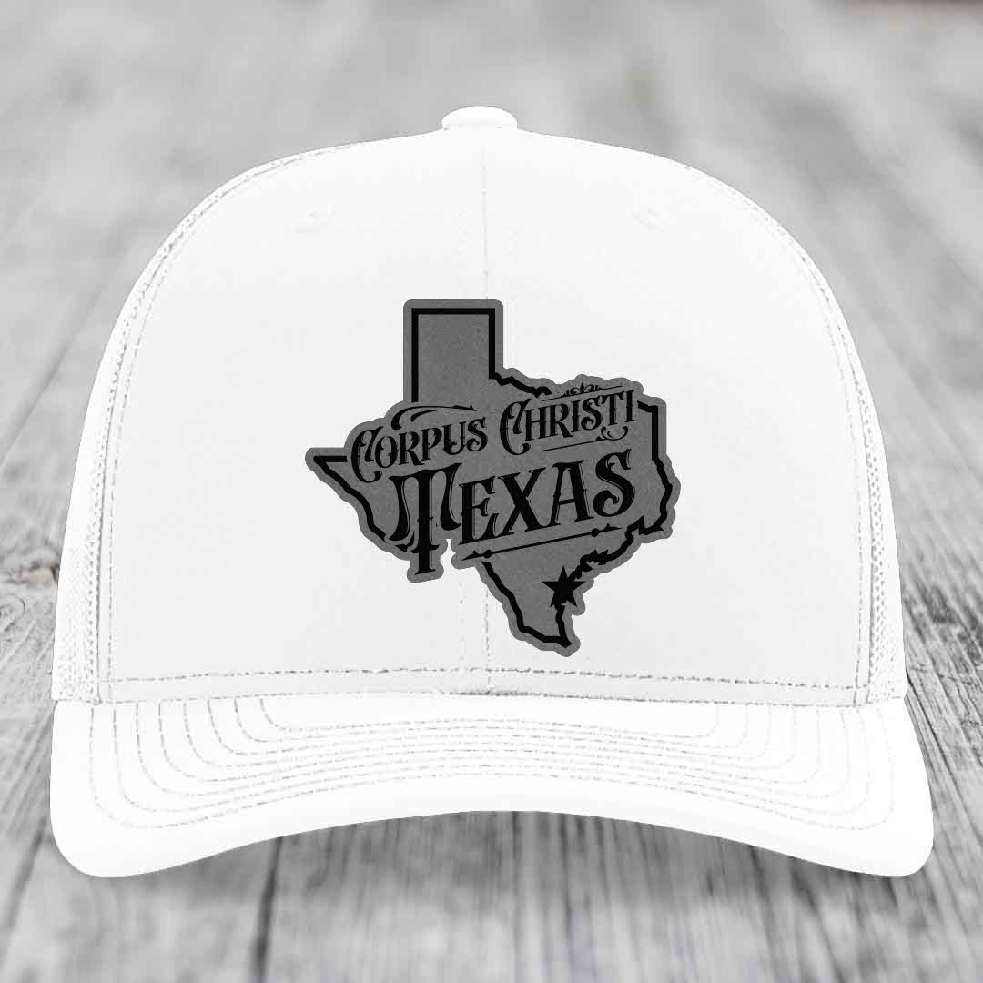 Corpus Christi Texas (Deluxe) - Leather Patch Hat - Grey to Black Patch - Richardson 112 Snapback Trucker Hat