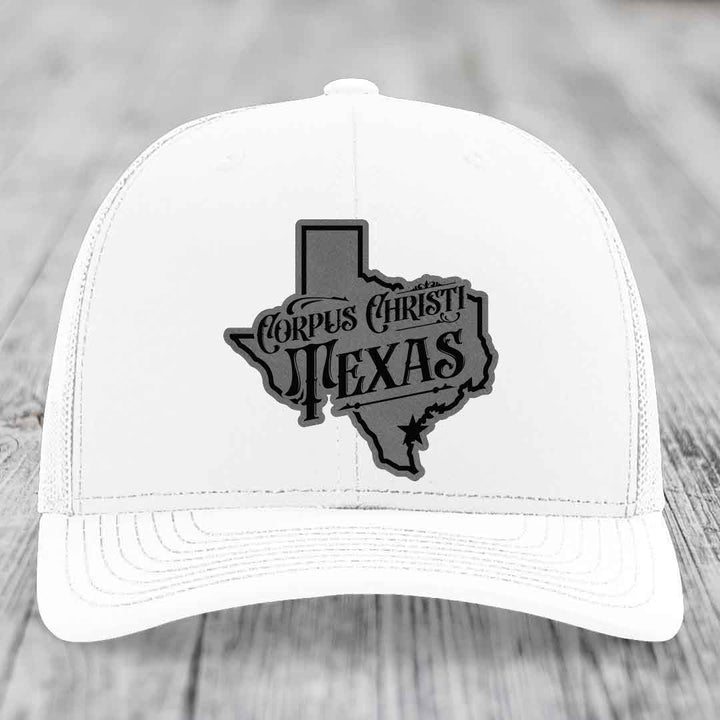 Corpus Christi Texas (Deluxe) - Leather Patch Hat - Grey to Black Patch - Richardson 112 Snapback Trucker Hat
