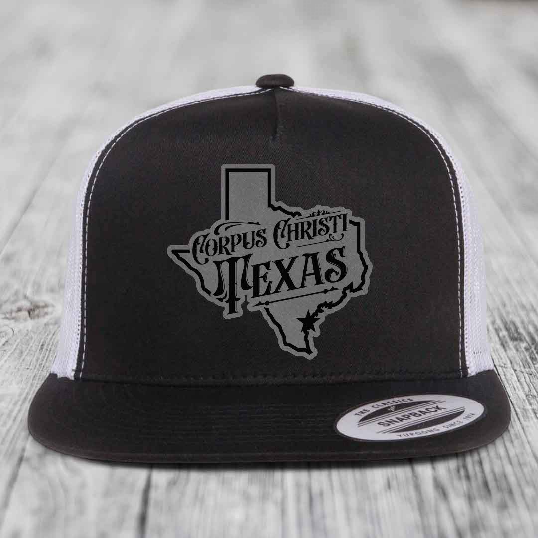 Corpus Christi Texas (Deluxe) - Leather Patch Hat - Grey to Black Patch - Yupoong 6006 Snapback Flatbill Hat