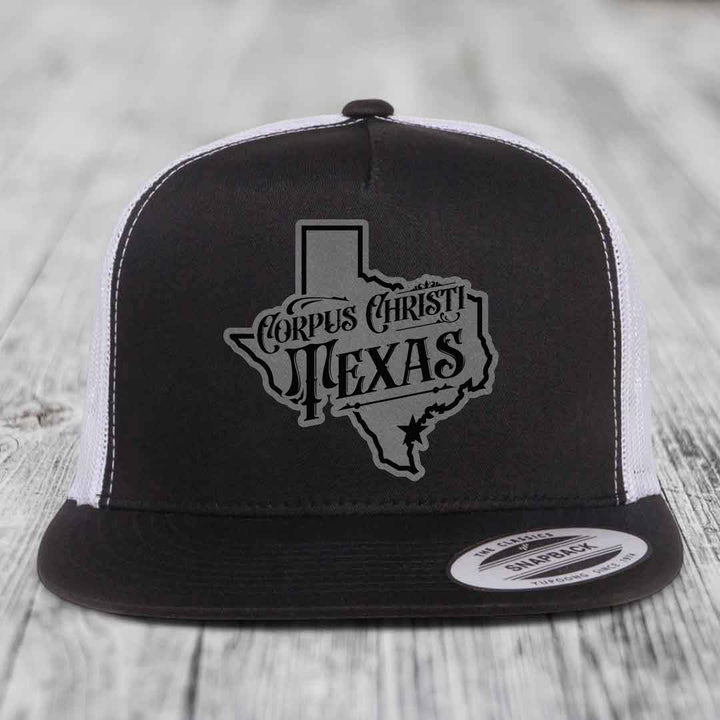Corpus Christi Texas (Deluxe) - Leather Patch Hat - Grey to Black Patch - Yupoong 6006 Snapback Flatbill Hat
