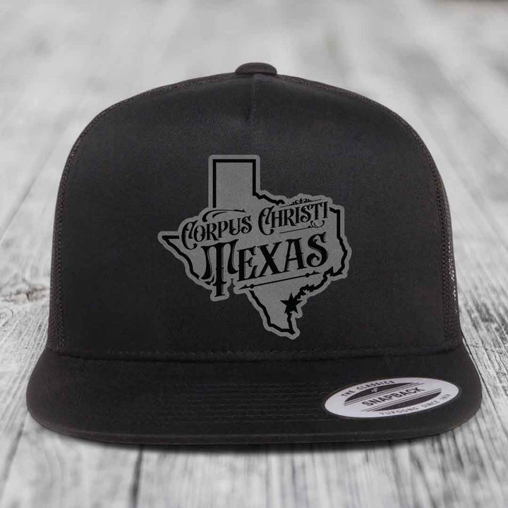 Corpus Christi Texas (Deluxe) - Leather Patch Hat - Grey to Black Patch - Yupoong 6006 Snapback Flatbill Hat