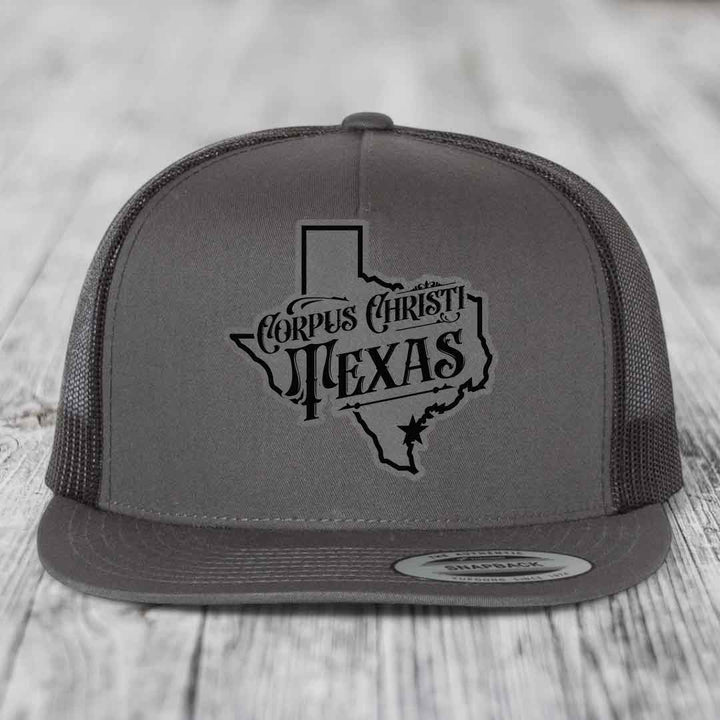 Corpus Christi Texas (Deluxe) - Leather Patch Hat - Grey to Black Patch - Yupoong 6006 Snapback Flatbill Hat