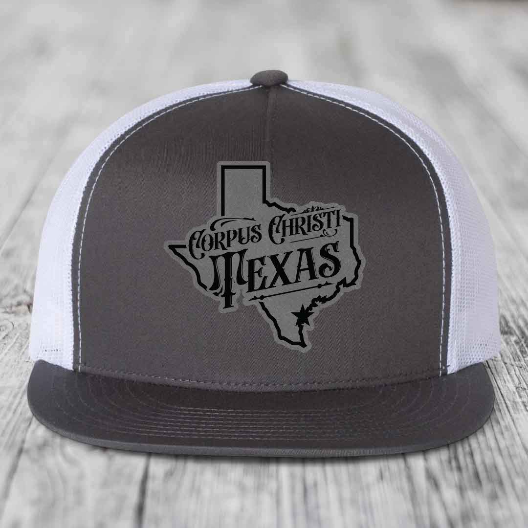 Corpus Christi Texas (Deluxe) - Leather Patch Hat - Grey to Black Patch - Yupoong 6006 Snapback Flatbill Hat