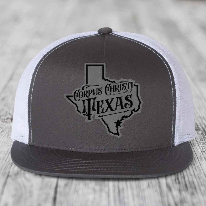 Corpus Christi Texas (Deluxe) - Leather Patch Hat - Grey to Black Patch - Yupoong 6006 Snapback Flatbill Hat