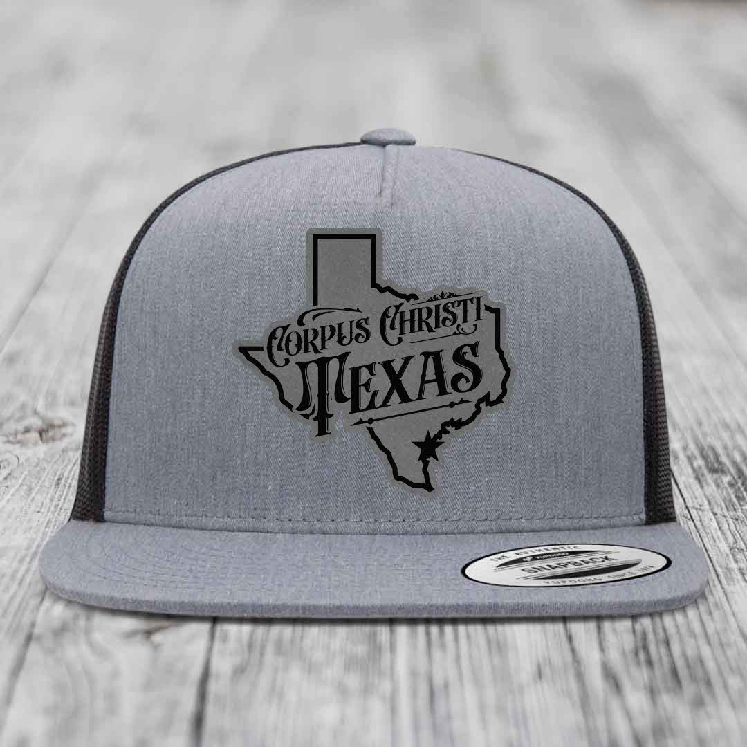 Corpus Christi Texas (Deluxe) - Leather Patch Hat - Grey to Black Patch - Yupoong 6006 Snapback Flatbill Hat