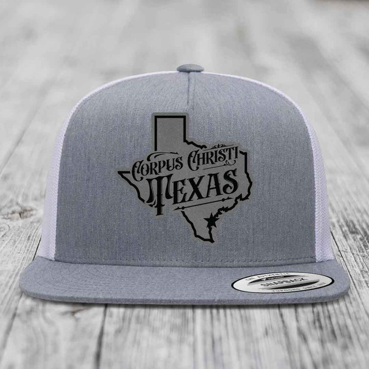Corpus Christi Texas (Deluxe) - Leather Patch Hat - Grey to Black Patch - Yupoong 6006 Snapback Flatbill Hat