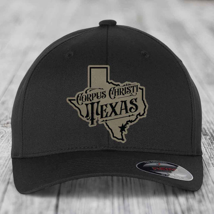 Corpus Christi Texas (Deluxe) - Leather Patch Hat - Light Brown to Black Patch - Flexfit 6277 Fitted Hat