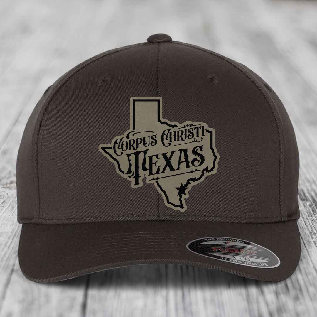 Corpus Christi Texas (Deluxe) - Leather Patch Hat - Light Brown to Black Patch - Flexfit 6277 Fitted Hat