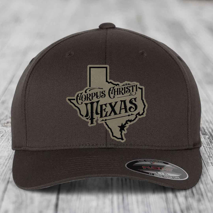 Corpus Christi Texas (Deluxe) - Leather Patch Hat - Light Brown to Black Patch - Flexfit 6277 Fitted Hat