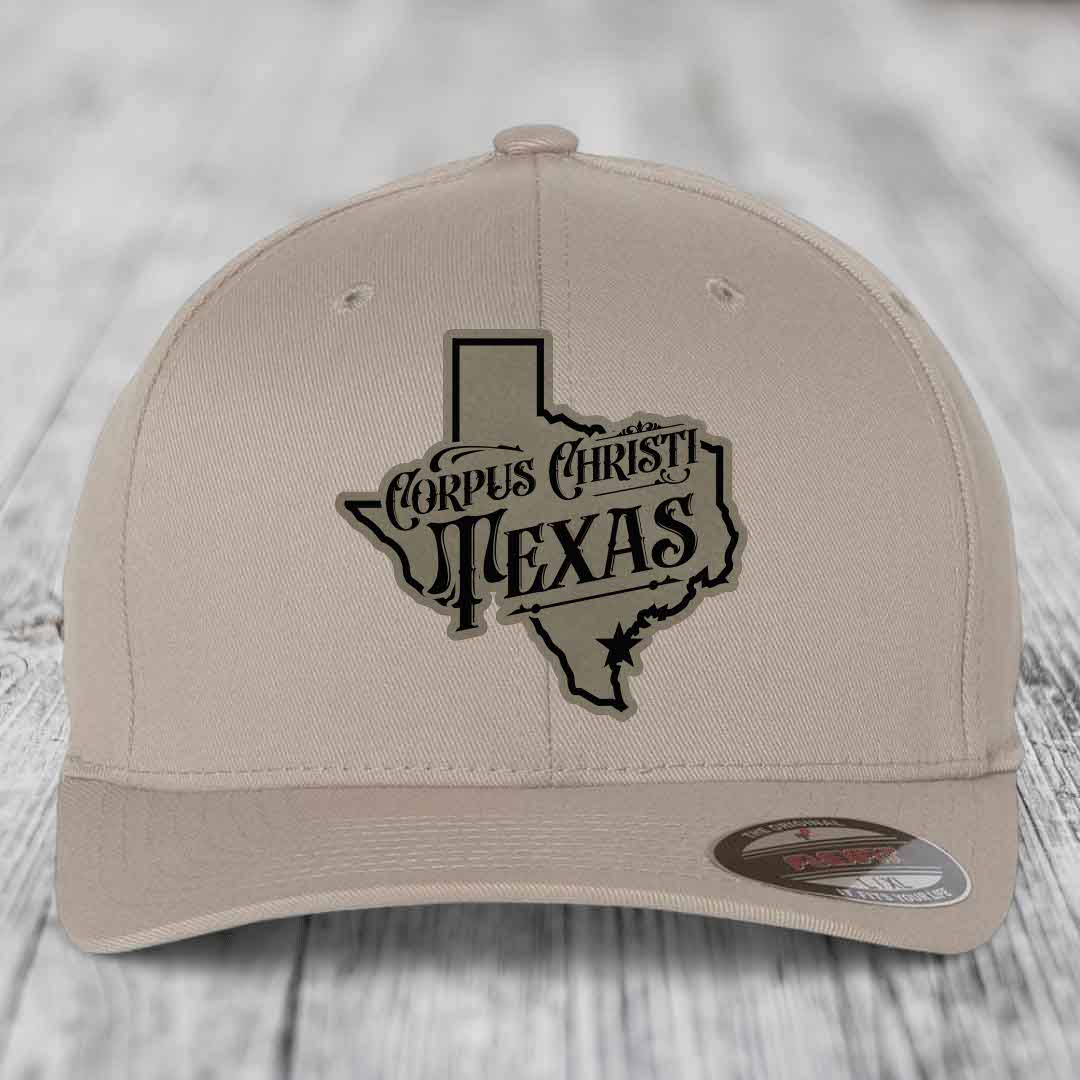 Corpus Christi Texas (Deluxe) - Leather Patch Hat - Light Brown to Black Patch - Flexfit 6277 Fitted Hat