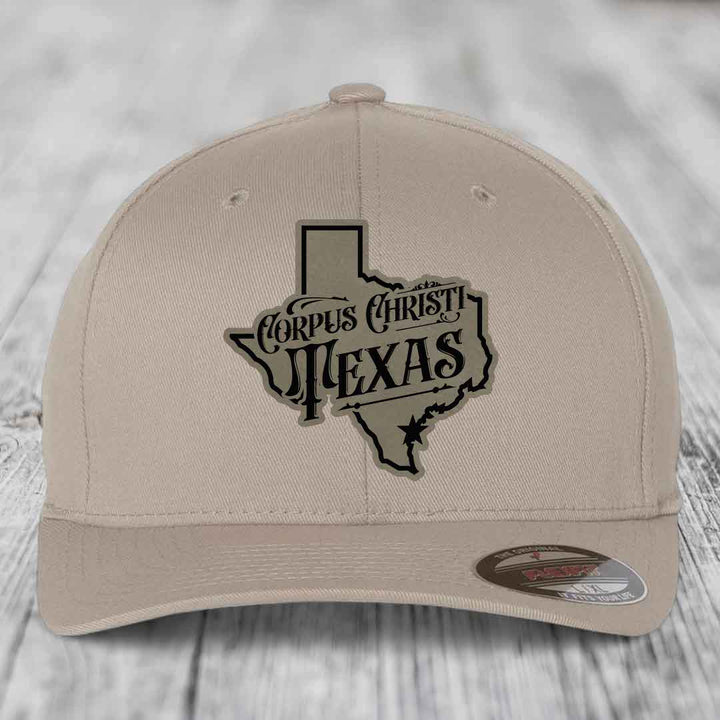 Corpus Christi Texas (Deluxe) - Leather Patch Hat - Light Brown to Black Patch - Flexfit 6277 Fitted Hat