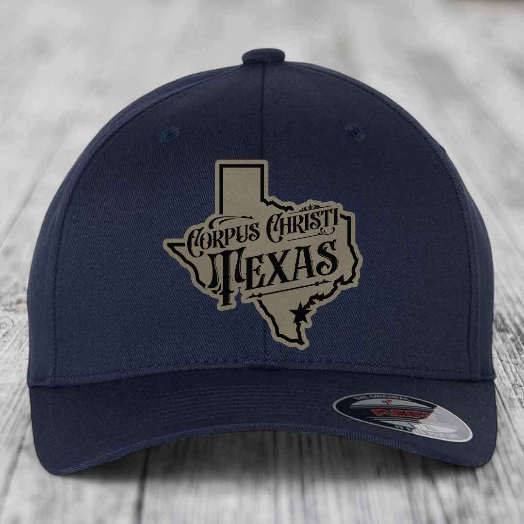 Corpus Christi Texas (Deluxe) - Leather Patch Hat - Light Brown to Black Patch - Flexfit 6277 Fitted Hat
