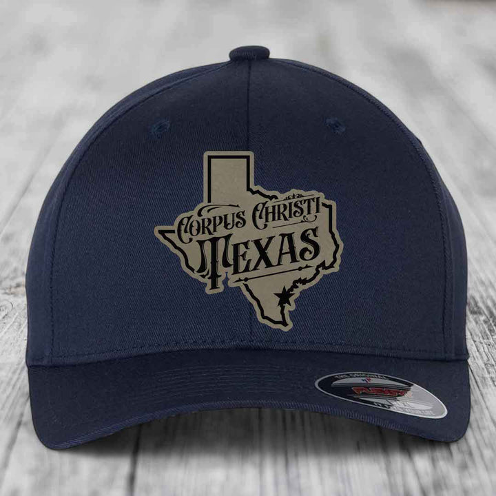 Corpus Christi Texas (Deluxe) - Leather Patch Hat - Light Brown to Black Patch - Flexfit 6277 Fitted Hat