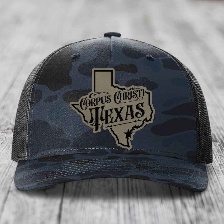 Corpus Christi Texas (Deluxe) - Leather Patch Hat - Light Brown to Black Patch - Richardson 112PFP Snapback Trucker Hat