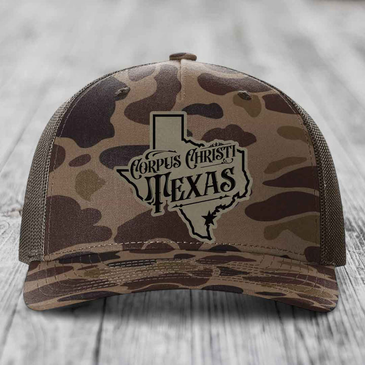 Corpus Christi Texas (Deluxe) - Leather Patch Hat - Light Brown to Black Patch - Richardson 112PFP Snapback Trucker Hat