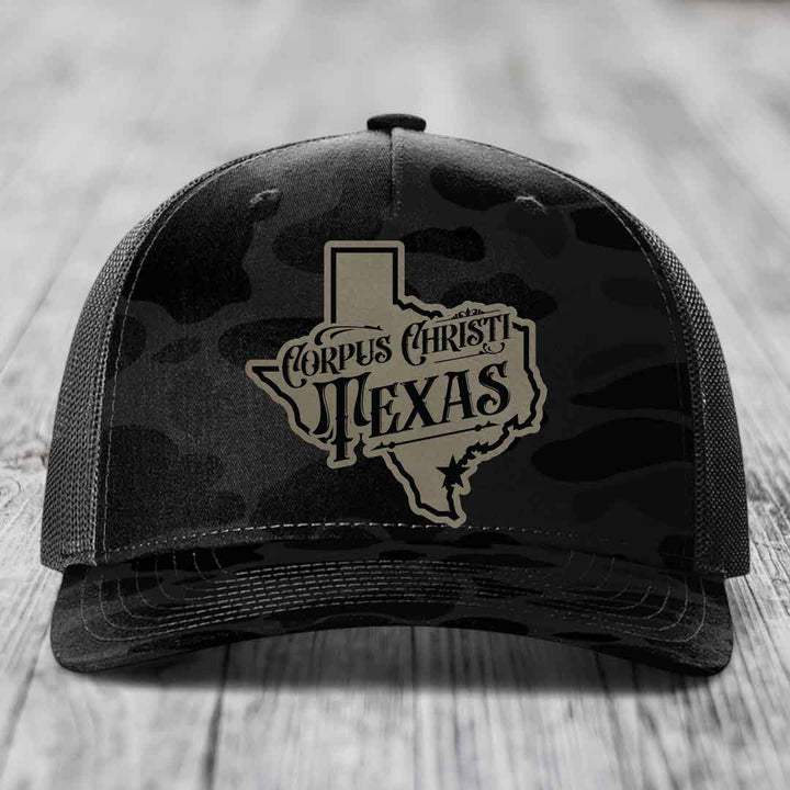 Corpus Christi Texas (Deluxe) - Leather Patch Hat - Light Brown to Black Patch - Richardson 112PFP Snapback Trucker Hat