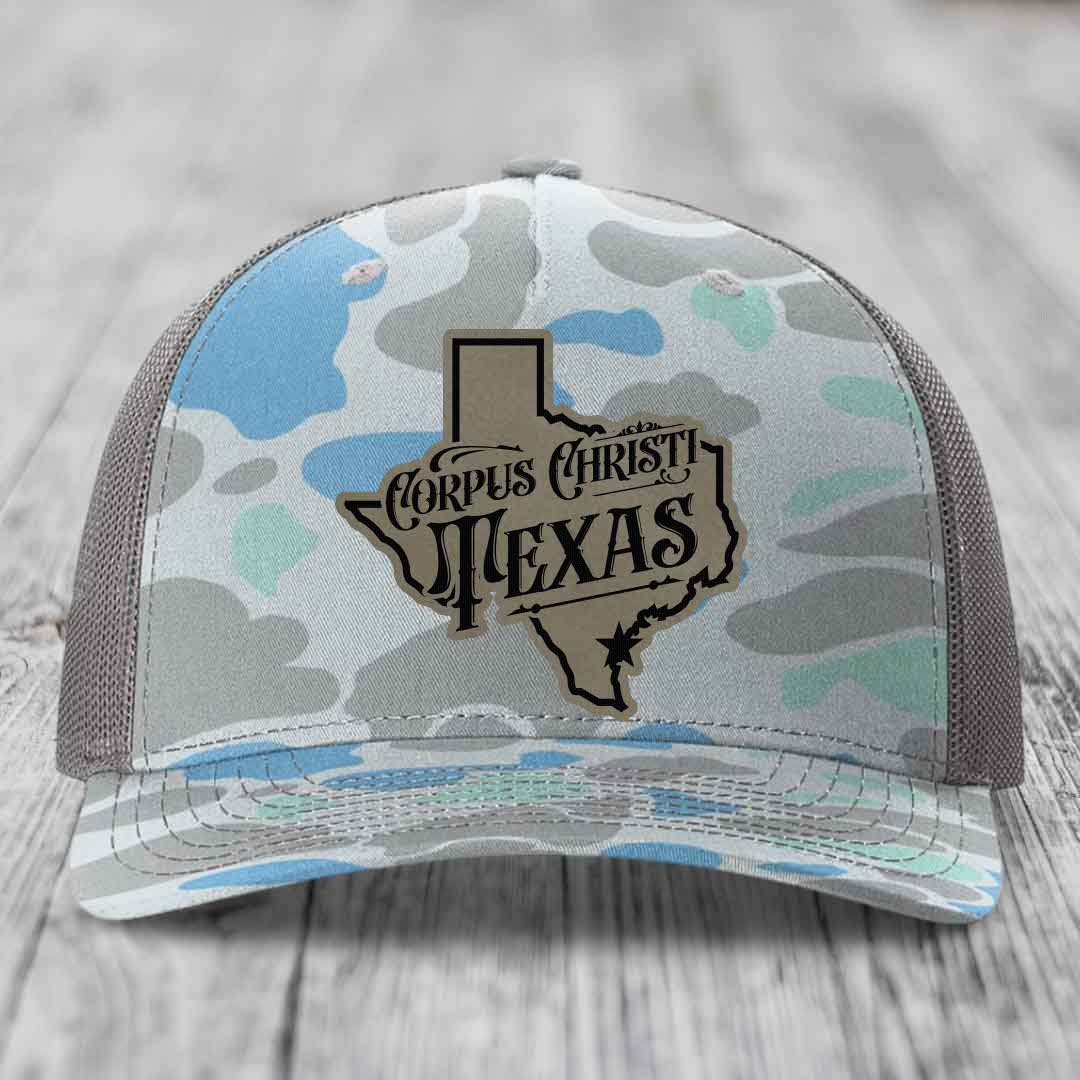 Corpus Christi Texas (Deluxe) - Leather Patch Hat - Light Brown to Black Patch - Richardson 112PFP Snapback Trucker Hat