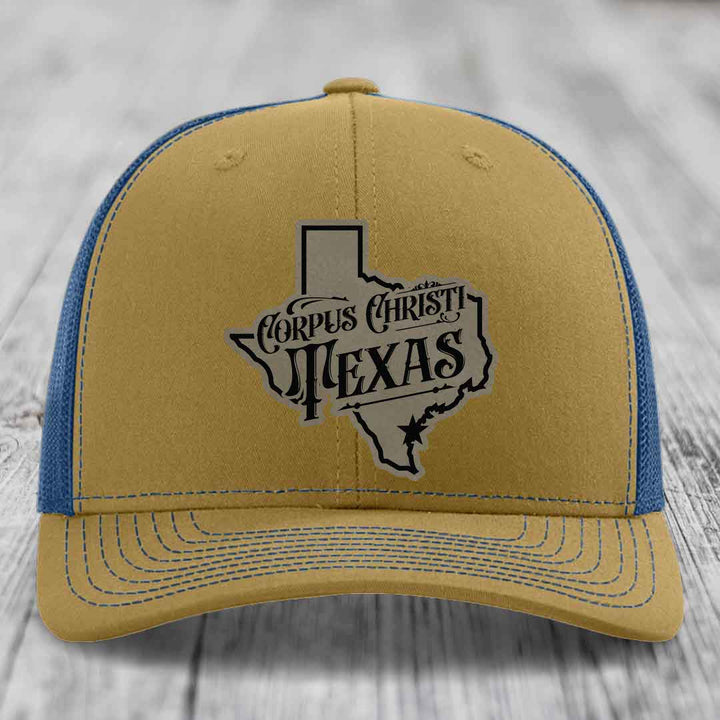 Corpus Christi Texas (Deluxe) - Leather Patch Hat - Light Brown to Black Patch - Richardson 112 Snapback Trucker Hat