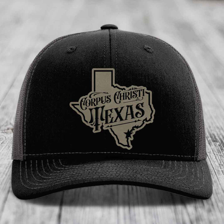 Corpus Christi Texas (Deluxe) - Leather Patch Hat - Light Brown to Black Patch - Richardson 112 Snapback Trucker Hat