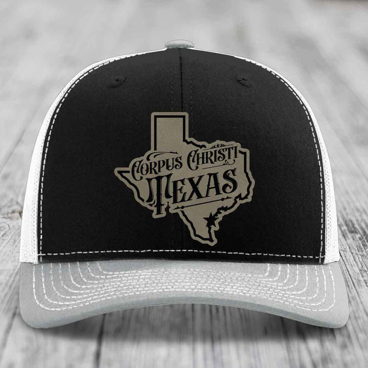 Corpus Christi Texas (Deluxe) - Leather Patch Hat - Light Brown to Black Patch - Richardson 112 Snapback Trucker Hat