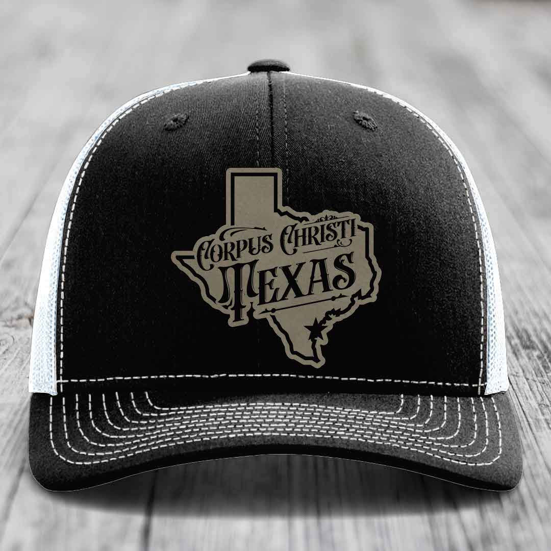 Corpus Christi Texas (Deluxe) - Leather Patch Hat - Light Brown to Black Patch - Richardson 112 Snapback Trucker Hat