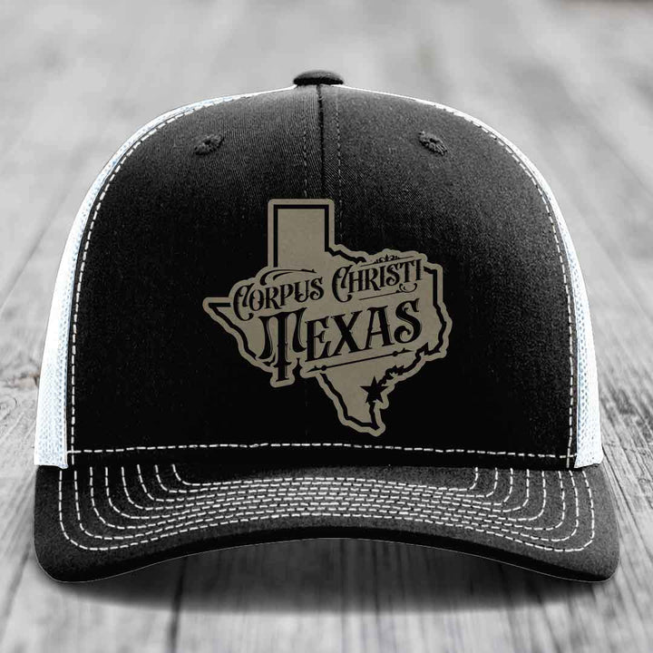 Corpus Christi Texas (Deluxe) - Leather Patch Hat - Light Brown to Black Patch - Richardson 112 Snapback Trucker Hat