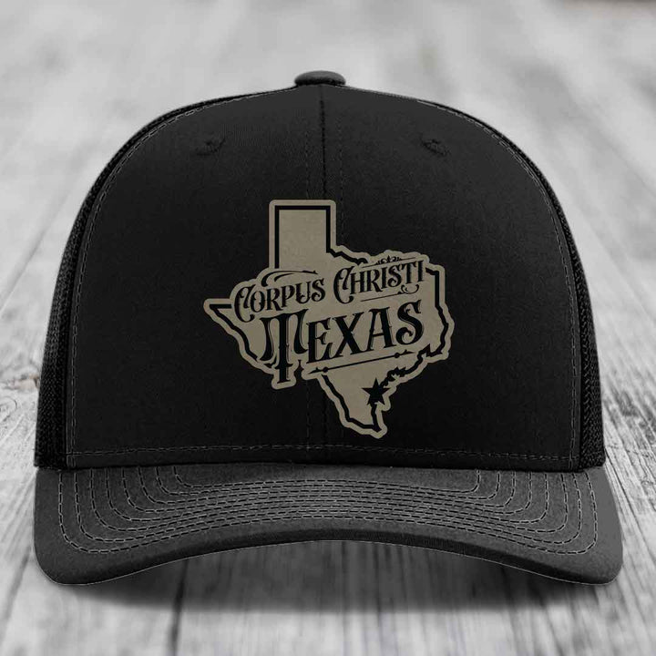 Corpus Christi Texas (Deluxe) - Leather Patch Hat - Light Brown to Black Patch - Richardson 112 Snapback Trucker Hat