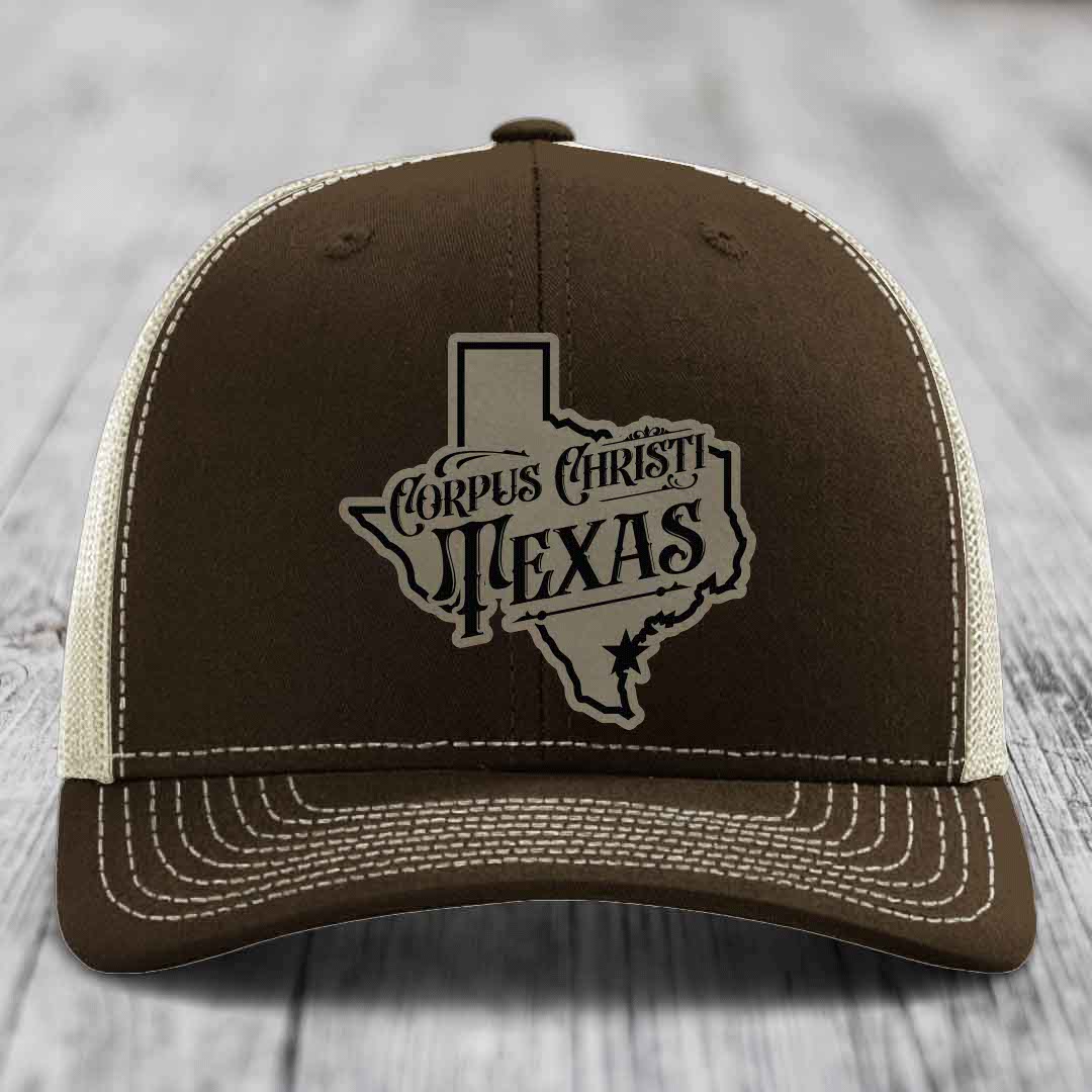 Corpus Christi Texas (Deluxe) - Leather Patch Hat - Light Brown to Black Patch - Richardson 112 Snapback Trucker Hat