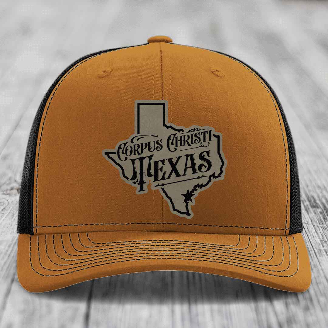Corpus Christi Texas (Deluxe) - Leather Patch Hat - Light Brown to Black Patch - Richardson 112 Snapback Trucker Hat