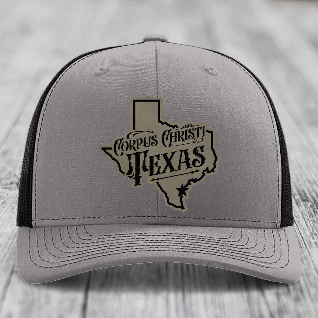 Corpus Christi Texas (Deluxe) - Leather Patch Hat - Light Brown to Black Patch - Richardson 112 Snapback Trucker Hat