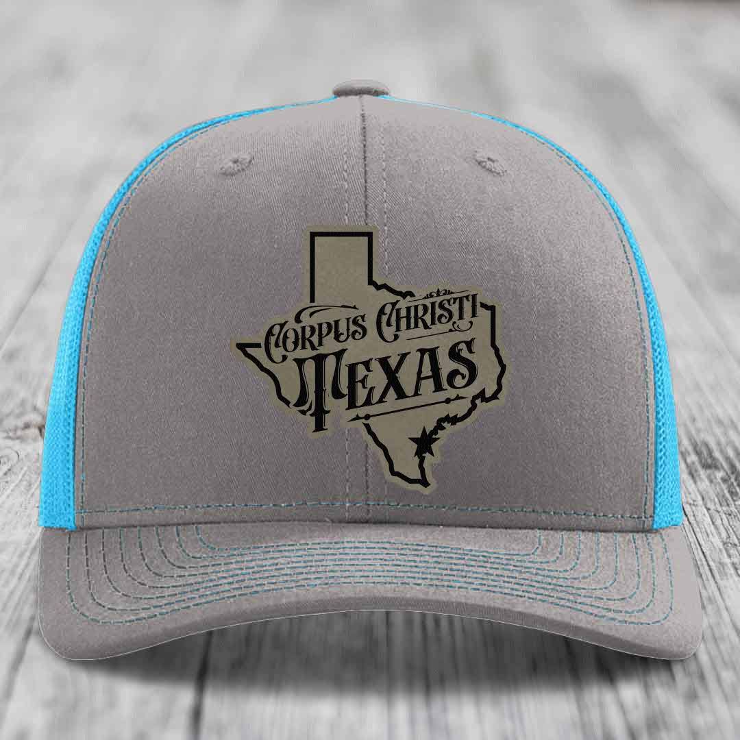 Corpus Christi Texas (Deluxe) - Leather Patch Hat - Light Brown to Black Patch - Richardson 112 Snapback Trucker Hat