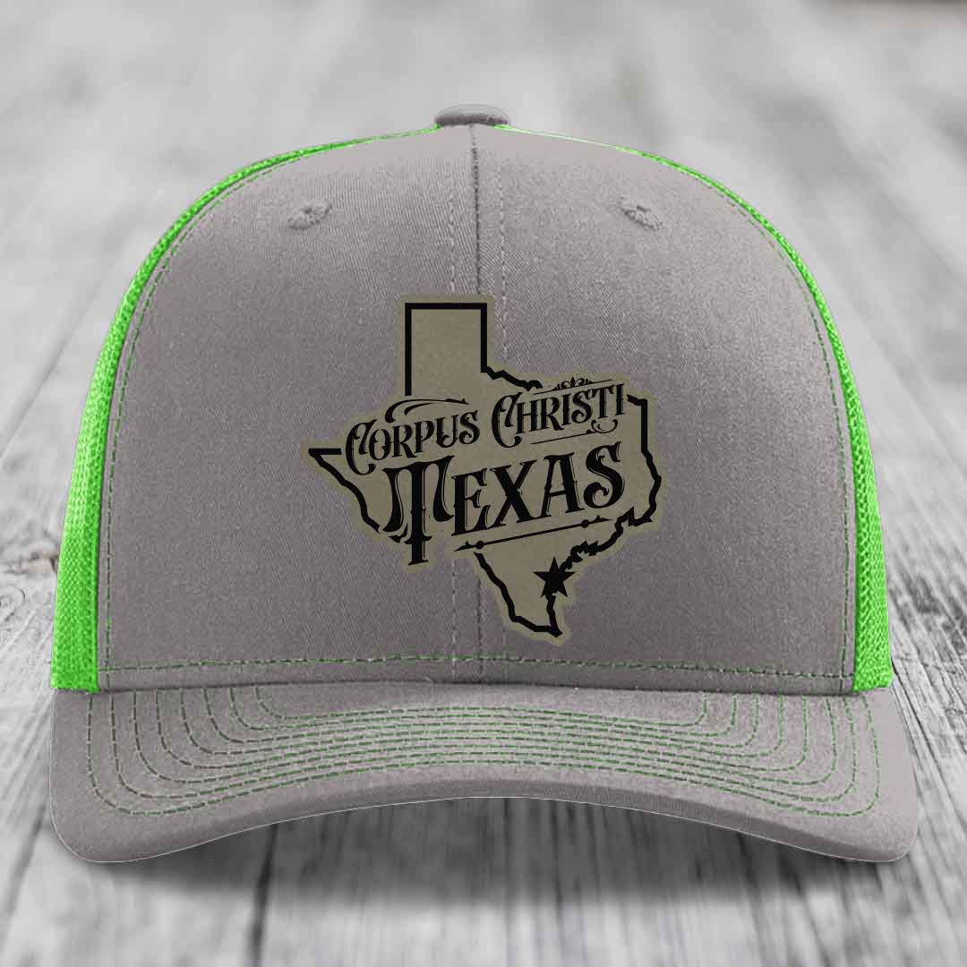 Corpus Christi Texas (Deluxe) - Leather Patch Hat - Light Brown to Black Patch - Richardson 112 Snapback Trucker Hat