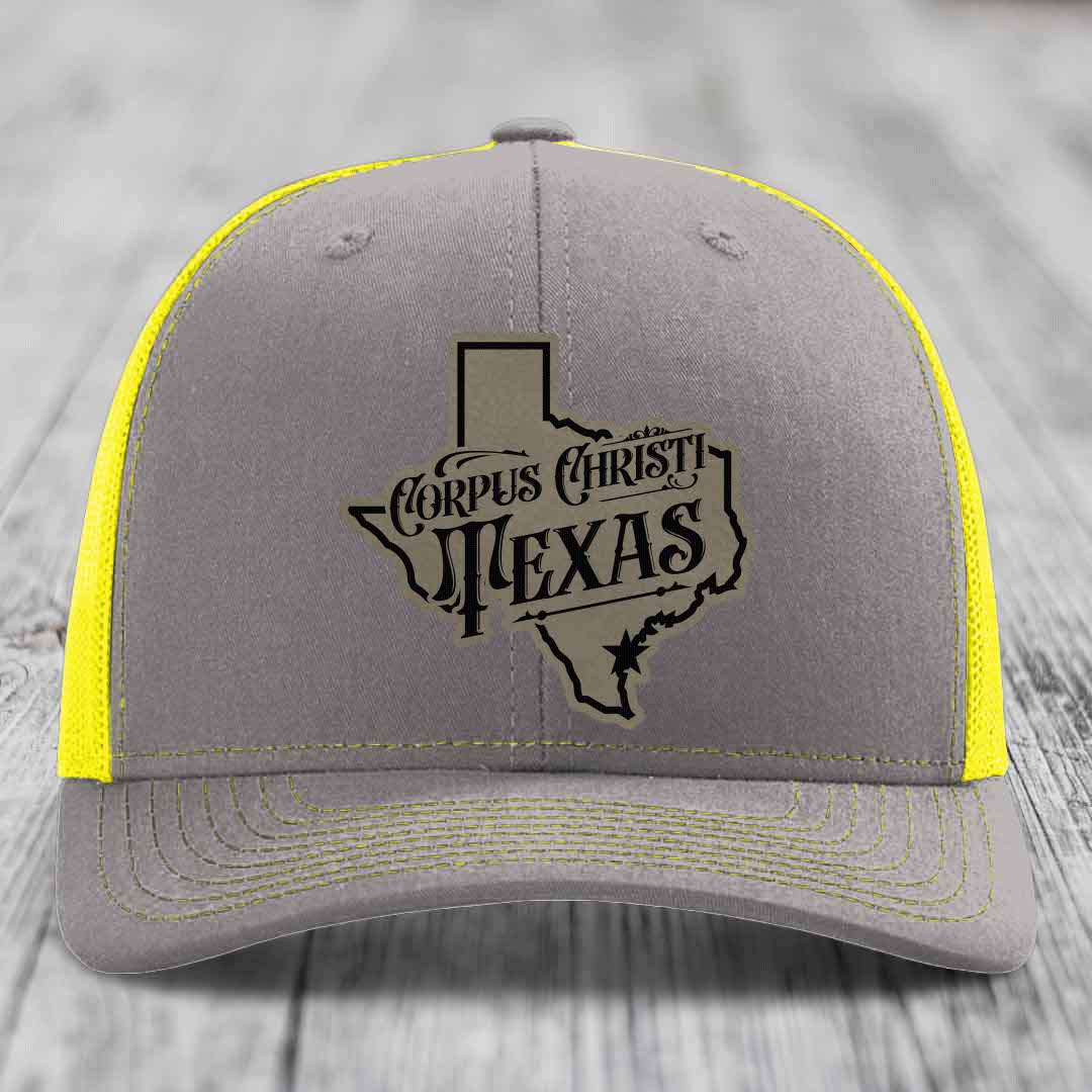 Corpus Christi Texas (Deluxe) - Leather Patch Hat - Light Brown to Black Patch - Richardson 112 Snapback Trucker Hat
