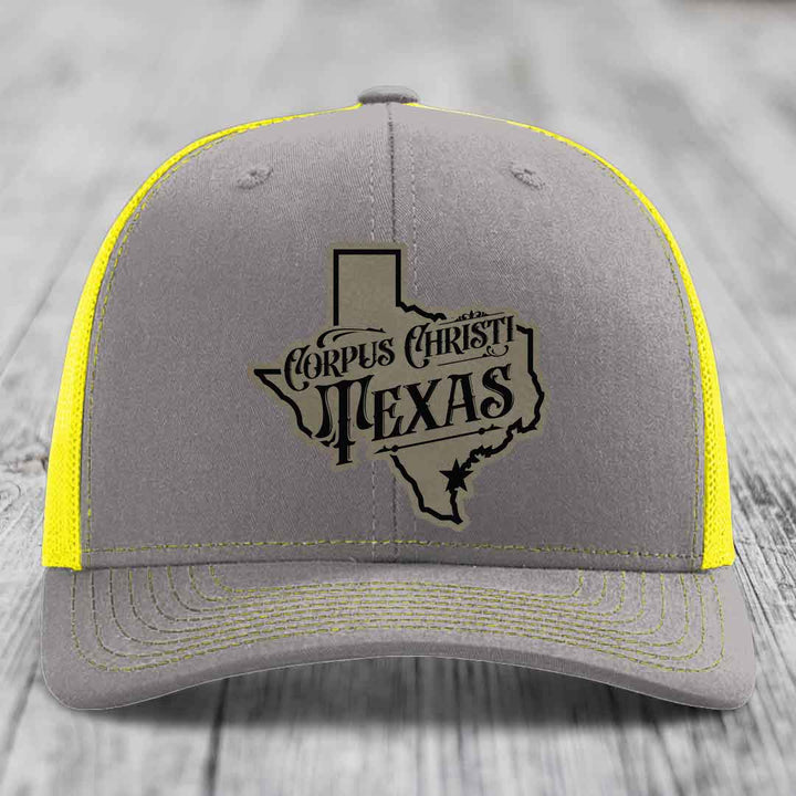 Corpus Christi Texas (Deluxe) - Leather Patch Hat - Light Brown to Black Patch - Richardson 112 Snapback Trucker Hat