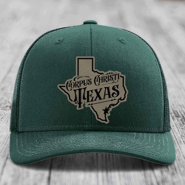 Corpus Christi Texas (Deluxe) - Leather Patch Hat - Light Brown to Black Patch - Richardson 112 Snapback Trucker Hat