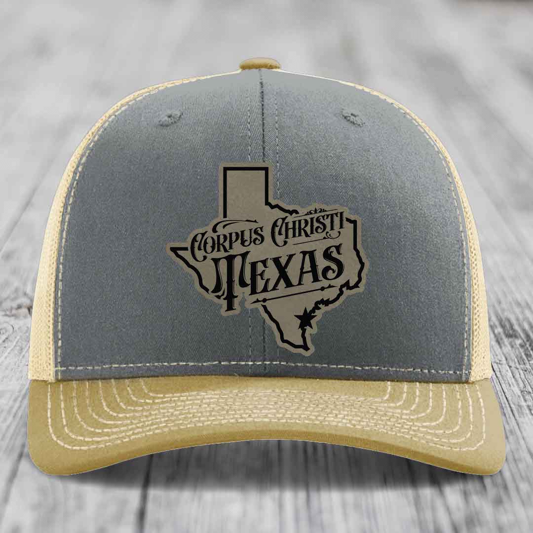 Corpus Christi Texas (Deluxe) - Leather Patch Hat - Light Brown to Black Patch - Richardson 112 Snapback Trucker Hat