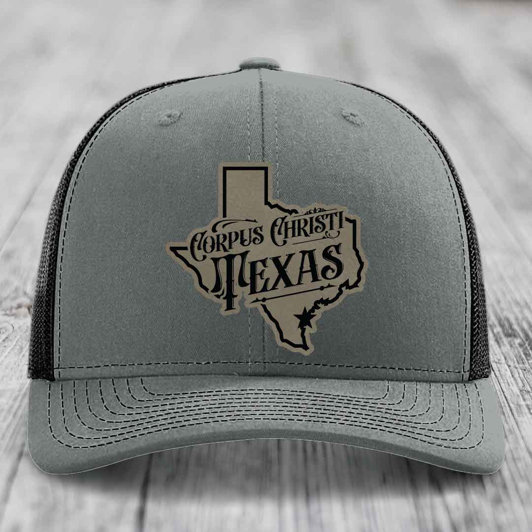 Corpus Christi Texas (Deluxe) - Leather Patch Hat - Light Brown to Black Patch - Richardson 112 Snapback Trucker Hat