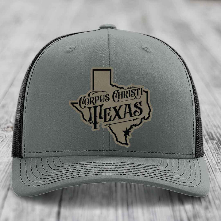 Corpus Christi Texas (Deluxe) - Leather Patch Hat - Light Brown to Black Patch - Richardson 112 Snapback Trucker Hat