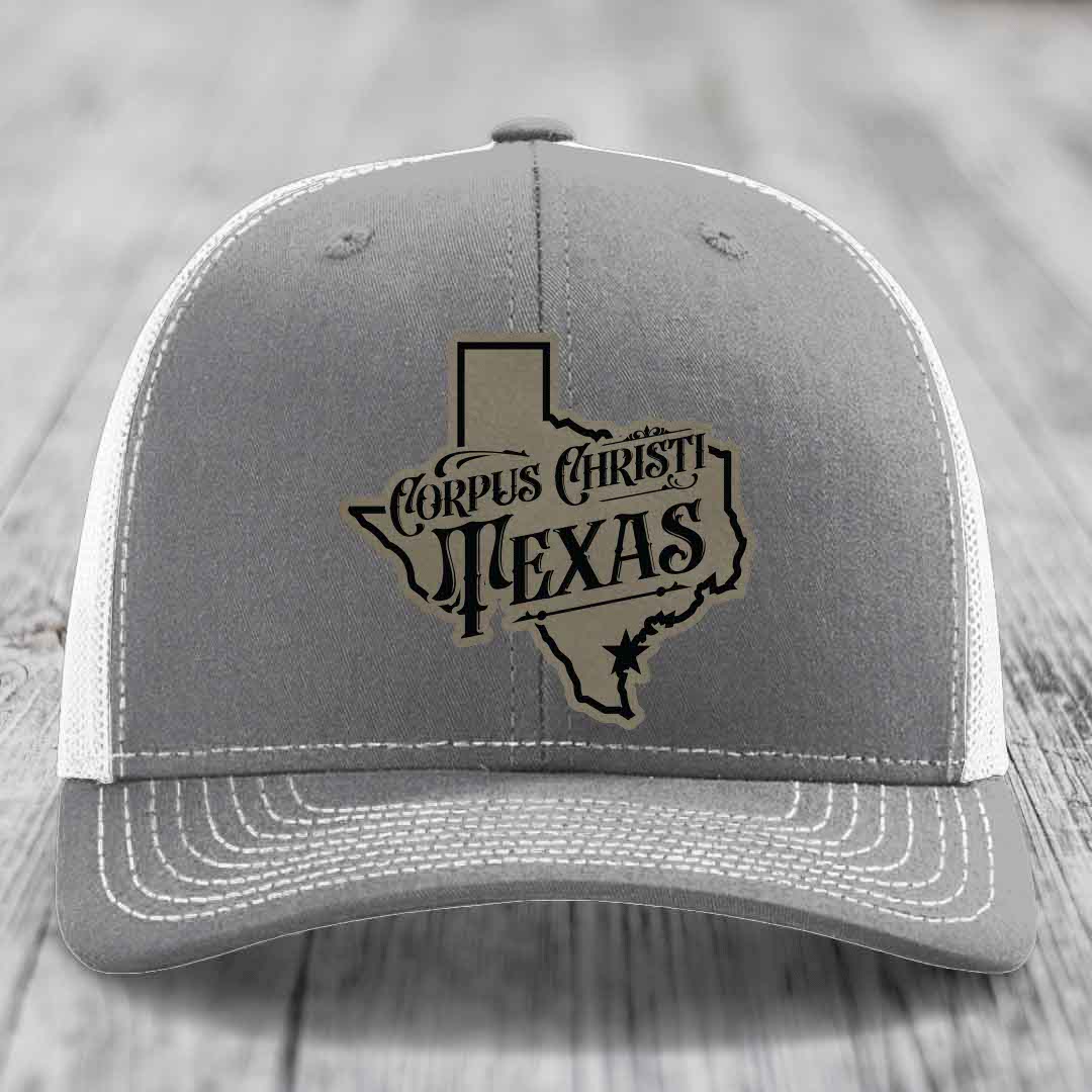 Corpus Christi Texas (Deluxe) - Leather Patch Hat - Light Brown to Black Patch - Richardson 112 Snapback Trucker Hat