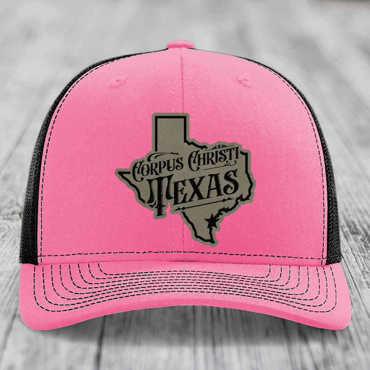Corpus Christi Texas (Deluxe) - Leather Patch Hat - Light Brown to Black Patch - Richardson 112 Snapback Trucker Hat