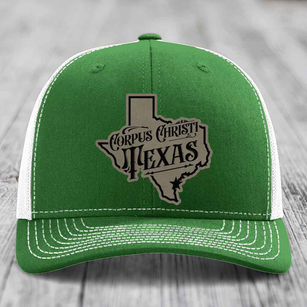 Corpus Christi Texas (Deluxe) - Leather Patch Hat - Light Brown to Black Patch - Richardson 112 Snapback Trucker Hat
