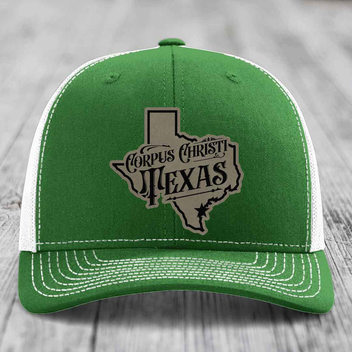 Corpus Christi Texas (Deluxe) - Leather Patch Hat - Light Brown to Black Patch - Richardson 112 Snapback Trucker Hat