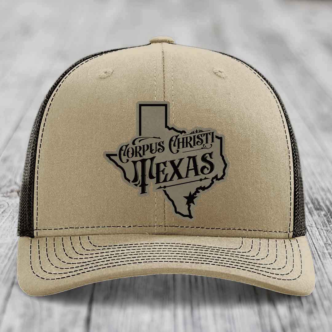 Corpus Christi Texas (Deluxe) - Leather Patch Hat - Light Brown to Black Patch - Richardson 112 Snapback Trucker Hat