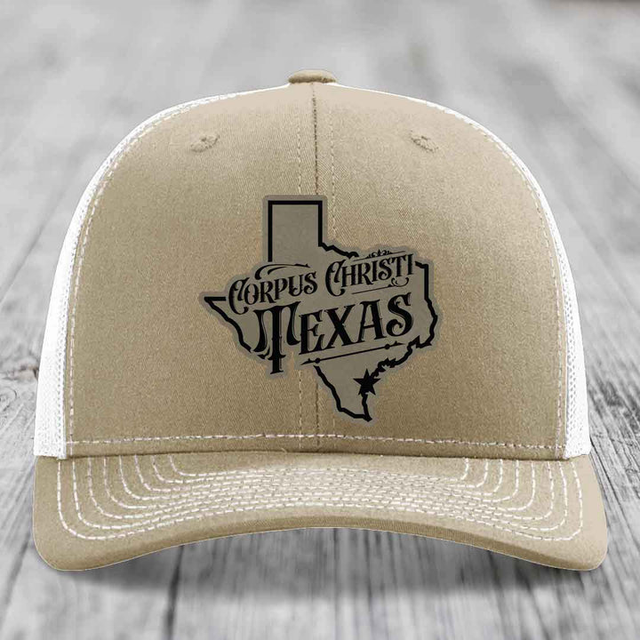 Corpus Christi Texas (Deluxe) - Leather Patch Hat - Light Brown to Black Patch - Richardson 112 Snapback Trucker Hat